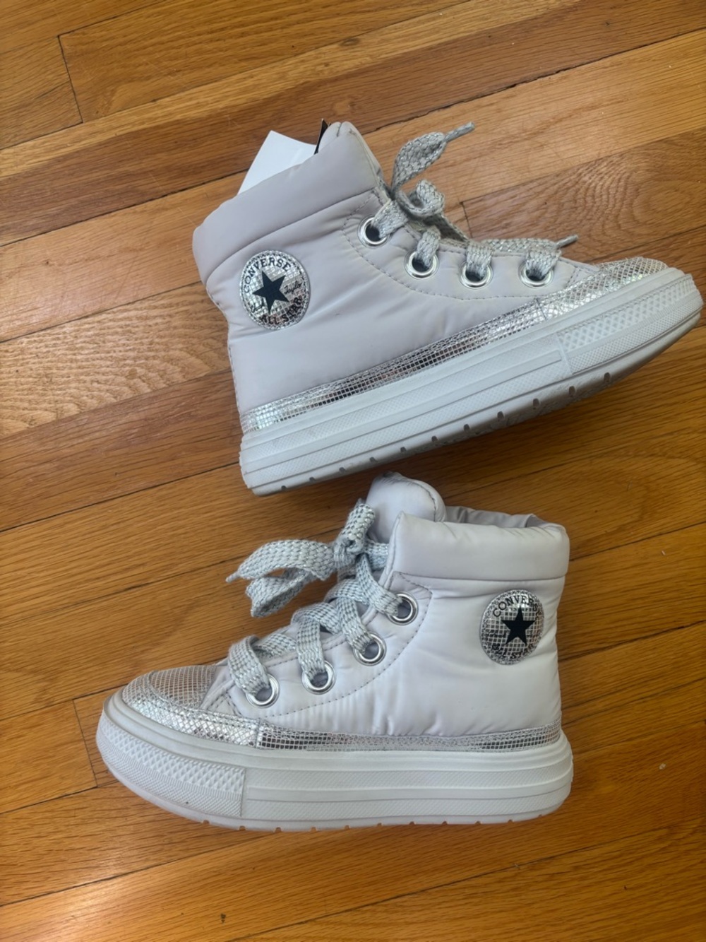 Converse Kids High-Top Sneakers in Light Gray with Silver Metallic Trim